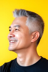 Fototapeta premium Yellow solid background. A man with expressive eyes and a joyful gaze. Visual idea of style for aging men. Elegant men's two-block cut haircut - midlife southeast asian man with short hair.