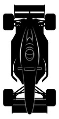 Fototapeta premium Overhead view of a Formula One race car, a black silhouette against a white background, showcasing its design and structure.