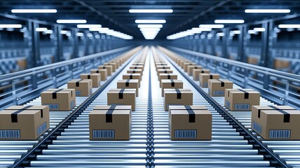 Cardboard Parcels, Boxes, Packages are Transported on an Automated Conveyor Line in a Busy Sorting Center at a Postal Service Warehouse. Concept of Logistics and Shipping Operations