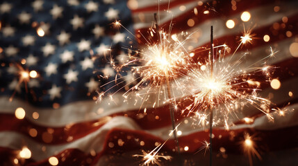 Patriotic celebration with burning sparklers and the American flag in the background. A festive scene representing the 4th of July, national pride, and freedom in the USA.