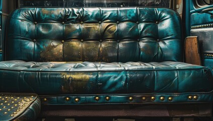 Vintage Teal Leather Car Seat, Interior Detail, Workshop Background, Restoration Project