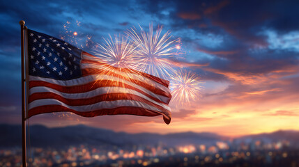 Majestic American flag waving in the twilight sky with dazzling fireworks, a patriotic tribute for the national Labor Day holiday celebration over a glowing urban landscape.