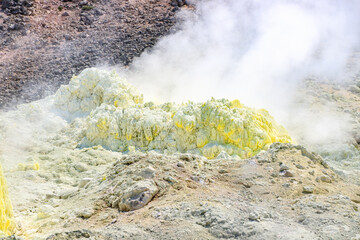 Vibrant Sulfur Crystals Formed by Volcanic Gas Emissions, Mount Lo, Hokkaido, Japan