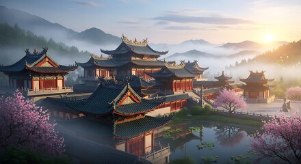 Scenic view of a traditional Chinese temple complex at sunrise with fog rolling through the