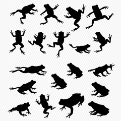 A collection of black frog silhouettes in various dynamic poses, including jumping, sitting, and swimming.