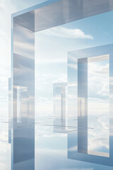 Transparent architectural frames reflect a serene sky, creating a surreal and captivating visual experience. Horizon meeting sky.
