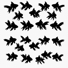 A group of black fantail goldfish silhouettes swimming in a pattern against a subtle checkered background.