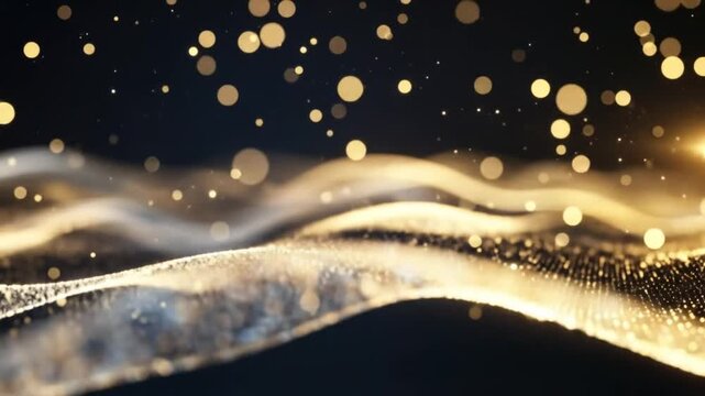 Golden, shimmering waves of particles flow across a dark background, interspersed with glowing orbs.
