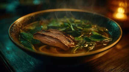 Aromatic broth-based noodles with meat and greens