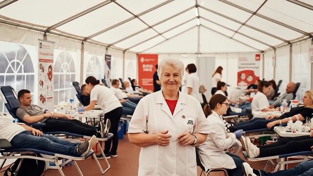 A woman in a white coat stands in a blood donation tent, surrounded by people donating blood