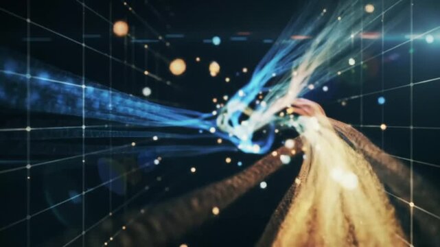 Luminous, multicolored strands of light twist and flow through a dark, gridded space, interspersed with glowing particles.