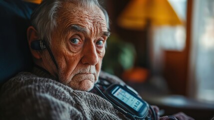 Elderly man home, hearing aid, pensive, cozy room, healthcare