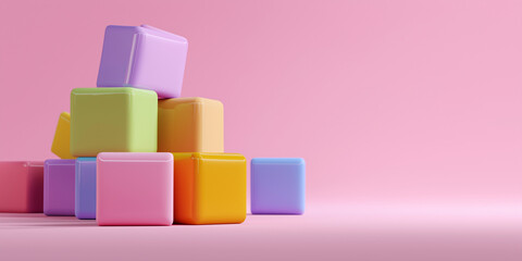 Obraz premium Colorful 3D render of toy blocks stacked on clean pink background, creating playful and vibrant scene. glossy finish and pastel colors add cheerful touch