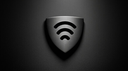 Shield with Wi Fi symbol represents cybersecurity on textured black background, conveying protection and digital security