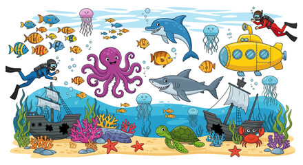 Fototapeta premium Underwater Animal Vector Illustration with Marine Life and Diver Characters in Colorful Cartoon Style