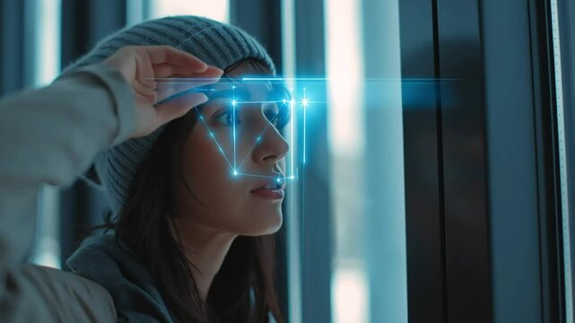 Young Woman Using Advanced Facial Recognition Technology at Window with ai generated