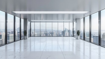 Empty modern office, cityscape view, high rise,  marble floor, real estate marketing