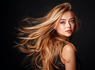 Portrait of a young woman with long blonde hair blowing in the wind against a dark background studio shot