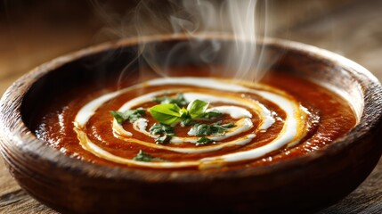 Hot tomato soup swirls in a wooden bowl