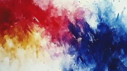 Abstract watercolor painting featuring a blend of red yellow and blue colors on a white background