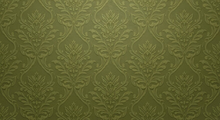Luxurious olive green damask wallpaper with an elegant embossed floral and acanthus leaf pattern.