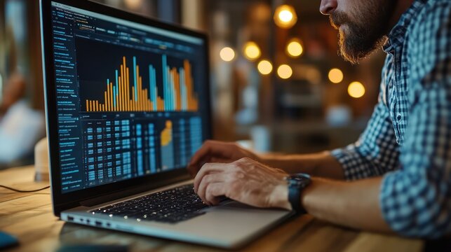 Man analyzing data charts on laptop in cafe at night - Powered by Adobe