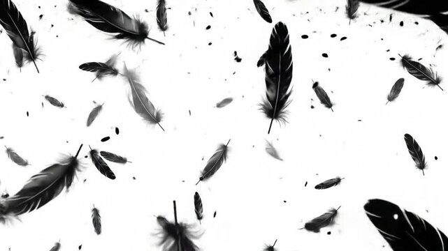 Numerous black feathers of varying sizes drift and twirl against a white background.