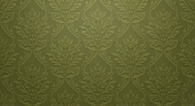 Fototapeta Luxurious olive green damask wallpaper with an elegant embossed floral and acanthus leaf pattern.