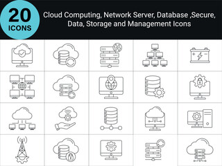 Cloud Computing icons, Data Centers Icons . cloud computing, servers, databases, networking, security, data management concept. Line Style, Editable Stroke