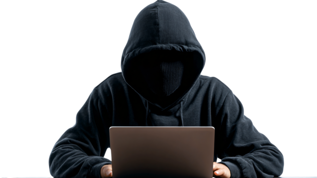Mysterious hacker typing rapidly on laptop in the shadows