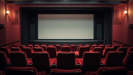 Empty cinema auditorium with red seats and large screen