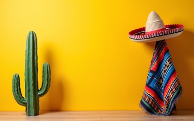 Sombrero, cactus and poncho on a bright background. A traditional Mexican greeting card. Cinco de Mayo, day of the dead, copy space. High quality