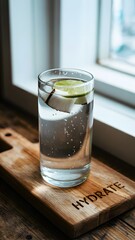 A glass of water with a piece of coconut on top