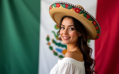 Mexican woman at independence day. Mexico independence. Mexican woman with flag. Mexican woman. Mexican sombrero. Horizontal banking poster background for web. High quality