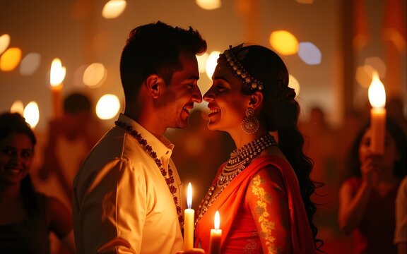 happy navratri celebration with dancers couple and candles. High quality