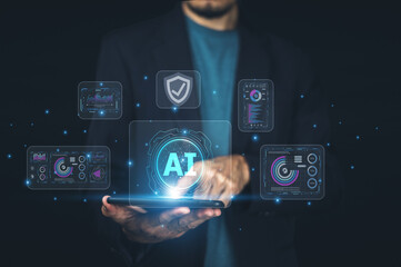 Businessman presenting AI-powered cybersecurity interface to protect digital assets, detect threats, and ensure secure business operations in a connected world.