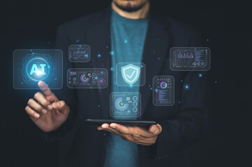 Businessman using AI holographic dashboard to manage big data, analyze trends, and enhance strategic decision-making for future business growth.