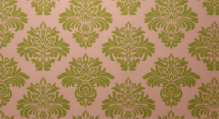 Elegant repeating damask wallpaper with olive green floral motifs on a dusty pink background.