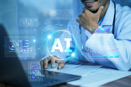 Doctor technology AI integrates big data analytics with clinical research, enabling precise treatment plans tailored to individual patient needs and genetic profiles.