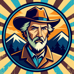 Illustration of a grizzled cowboy with a white beard and blue eyes, set against a mountain and forest backdrop, with a distressed sunburst pattern.