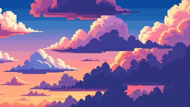 Pixel art depicts a sunset sky filled with layered, multicolored clouds in shades of pink, purple, and blue.
