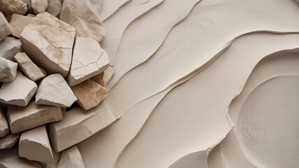 A close up shot showing a pile of rocks next to a wavy plaster wall texture on transparent background