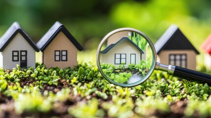 Magnifying glass inspecting house models in garden, property selection