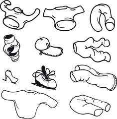 Adobe Illustrator Artwork with wrinkled clothes, which include sweaters, t-shirts, caps, pants and shoes.