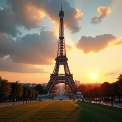 Naklejka premium Eiffel Tower at sunset, iconic landmark, vibrant sky and greenery in foreground