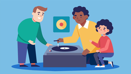 A mentee nervously sets the needle down on a record player for the first time as their mentor stands by patiently guiding their hand. Vector illustration