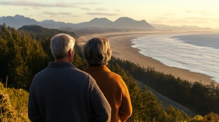 Senior couple, coastal sunset view, clifftop, Pacific Northwest, travel