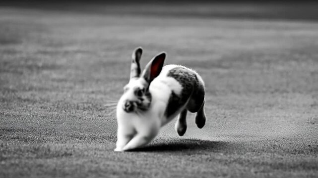 Black and white rabbit running
