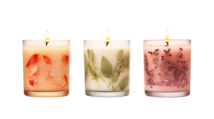 Three decorative candles in glass containers with floral and botanical inclusions are lit up indoors