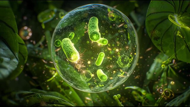 Microscopic view of green bacteria cells encapsulated in a water droplet on leaves symbolizing microbiology, science, and environmental studies
